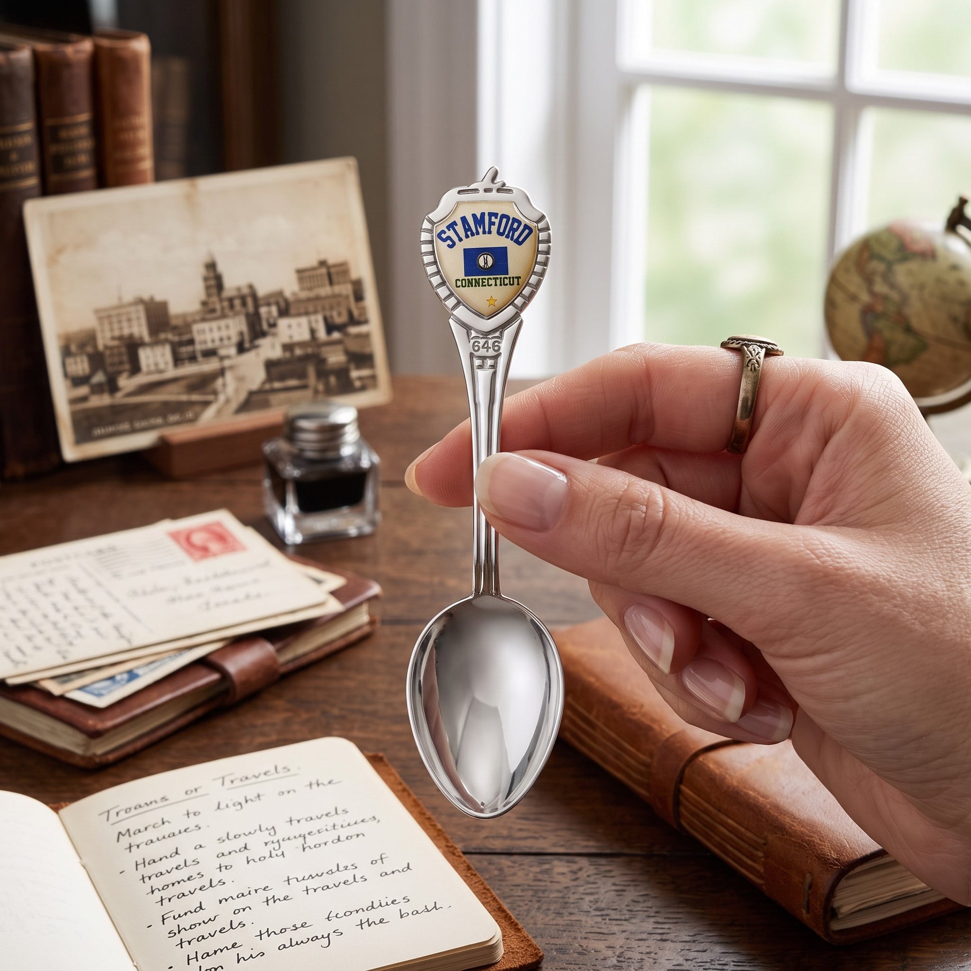 Mellow Monkey silver-tone Stamford Connecticut souvenir spoon with a colorful emblem held in a hand over a desk.