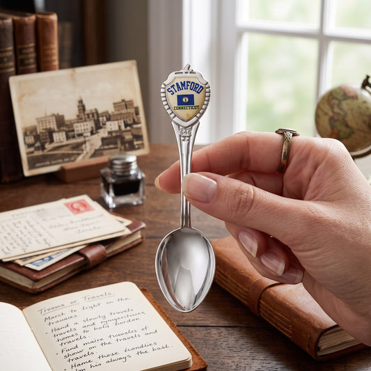 Mellow Monkey silver-tone Stamford Connecticut souvenir spoon with a colorful emblem held in a hand over a desk.