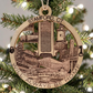 Mellow Monkey 4-inch round wooden ornament featuring laser-engraved Stamford CT landmarks on a Christmas tree.