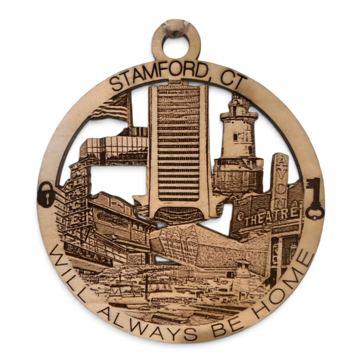 Mellow Monkey wooden ornament featuring laser-cut Stamford CT landmarks and the text Stamford CT Will Always Be Home.
