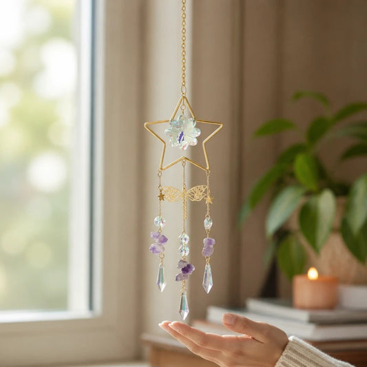 Mellow Monkey star-shaped suncatcher with crystals, purple healing stones, and gold chains hanging in a window.