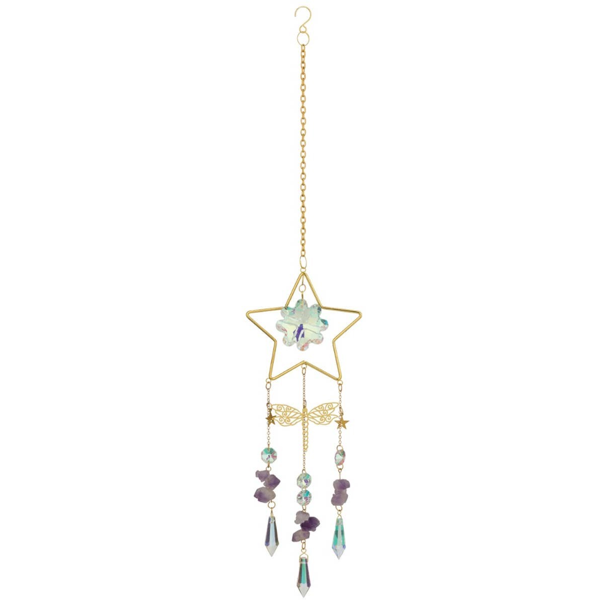 Mellow Monkey star-shaped suncatcher with crystals, healing stones, and gold chains hanging in a window.