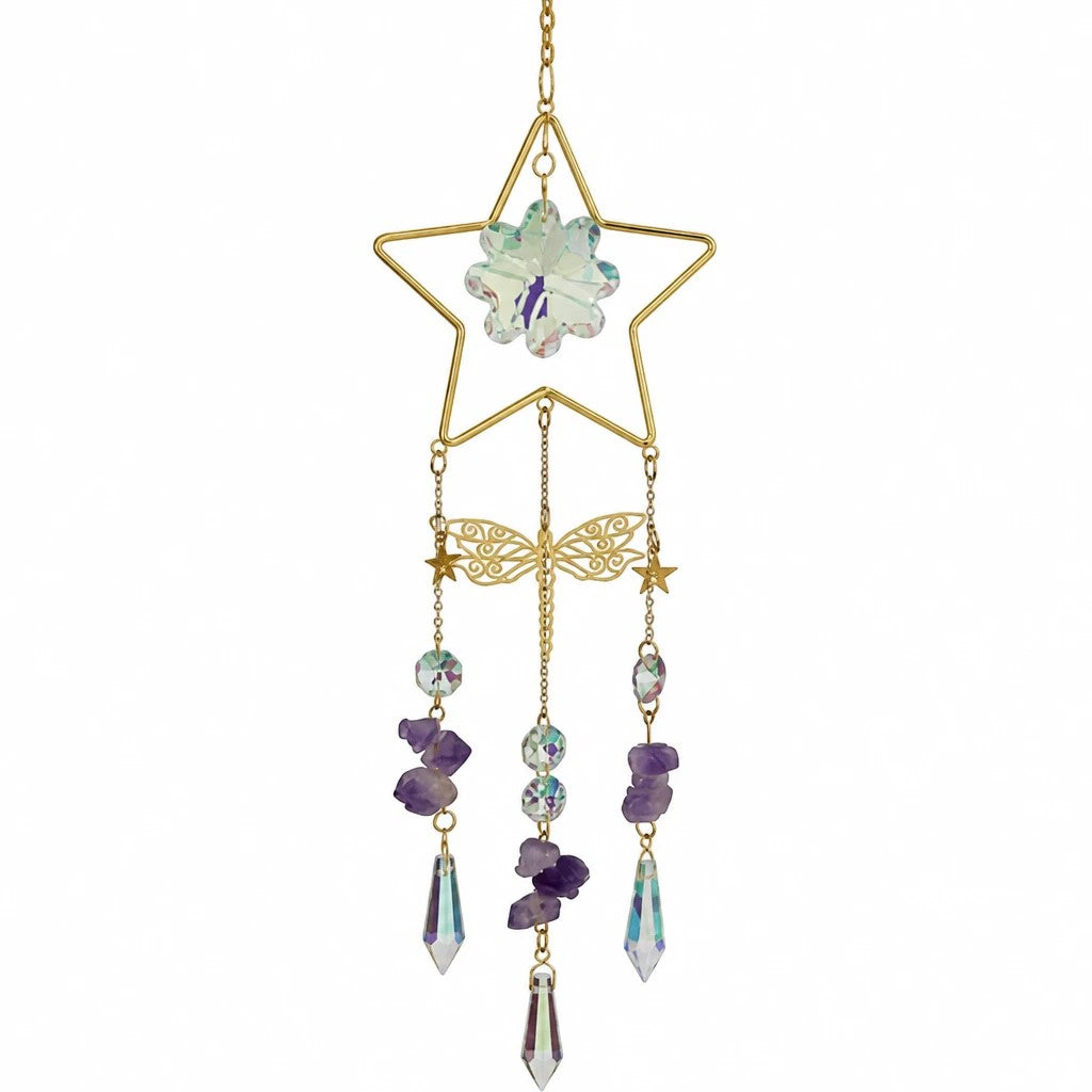 Mellow Monkey star-shaped suncatcher with gold chains, iridescent crystals, and purple healing stones.