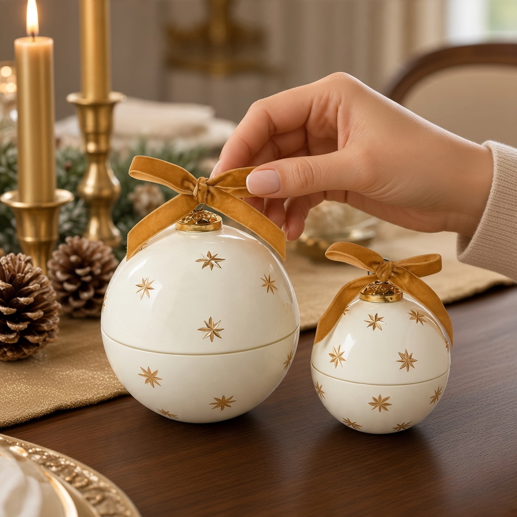 Mellow Monkey star-studded ornament candles in white with gold stars and velvet bows on a festive dining table.