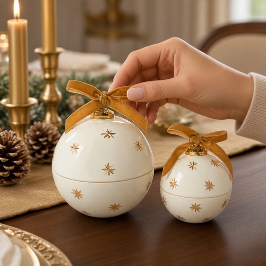 Mellow Monkey star-studded ornament candles in white with gold stars and velvet bows on a festive dining table.