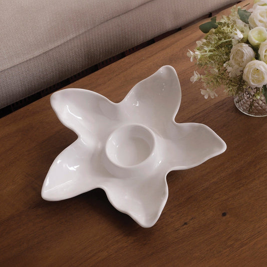 Mellow Monkey VIDA Ocean Starfish Chip and Dip in white ceramic. Features a central dip bowl surrounded by five starfish-shaped sections for chips.
