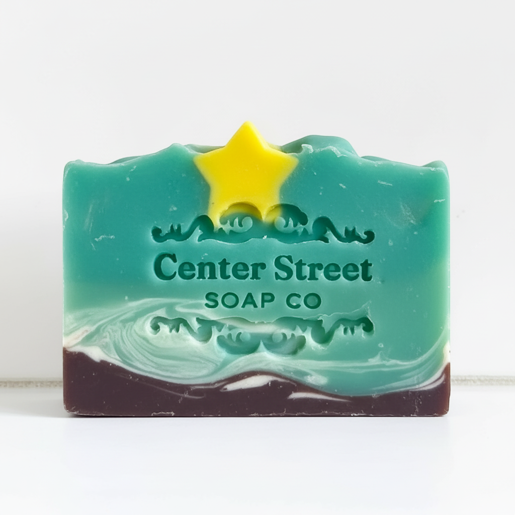 Mellow Monkey handmade Starry Night artisan soap bar with teal swirl, dark base, and a yellow star accent