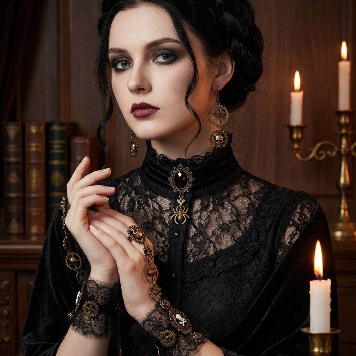 Model wearing Mellow Monkey steampunk gear jewelry set with necklace, earrings, and bracelet in a gothic setting.