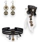 Mellow Monkey steampunk jewelry set featuring a lace choker, skull gear earrings, and a lace-cuff hand bracelet.