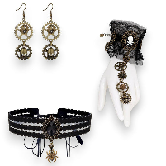 Mellow Monkey steampunk jewelry set featuring a lace choker, skull gear earrings, and a lace-cuff hand bracelet.
