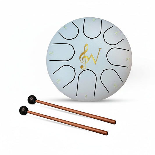 Mellow Monkey 6-inch white steel tongue drum with 8 notes and gold treble clef logo, includes mallets and music book.