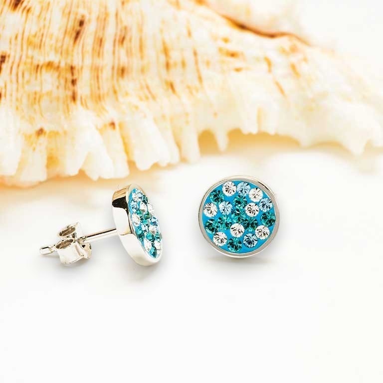 Mellow Monkey Sterling Silver Aquamarine White Crystal Stud Earrings with a blue base and sparkling crystals.