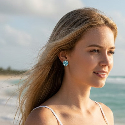 Mellow Monkey Sterling Silver Aquamarine White Crystal Stud Earrings with blue and white crystals