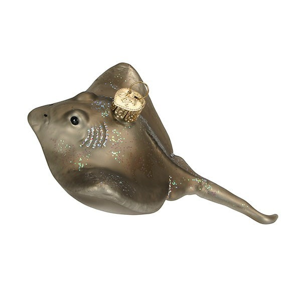 Mellow Monkey 5-inch grey blown glass stingray holiday ornament with glitter accents.