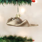 Mellow Monkey 5-inch blown glass stingray holiday ornament, shimmering taupe with glitter accents.