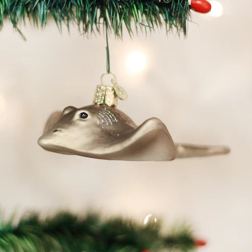 Mellow Monkey 5-inch blown glass stingray holiday ornament, shimmering taupe with glitter accents.