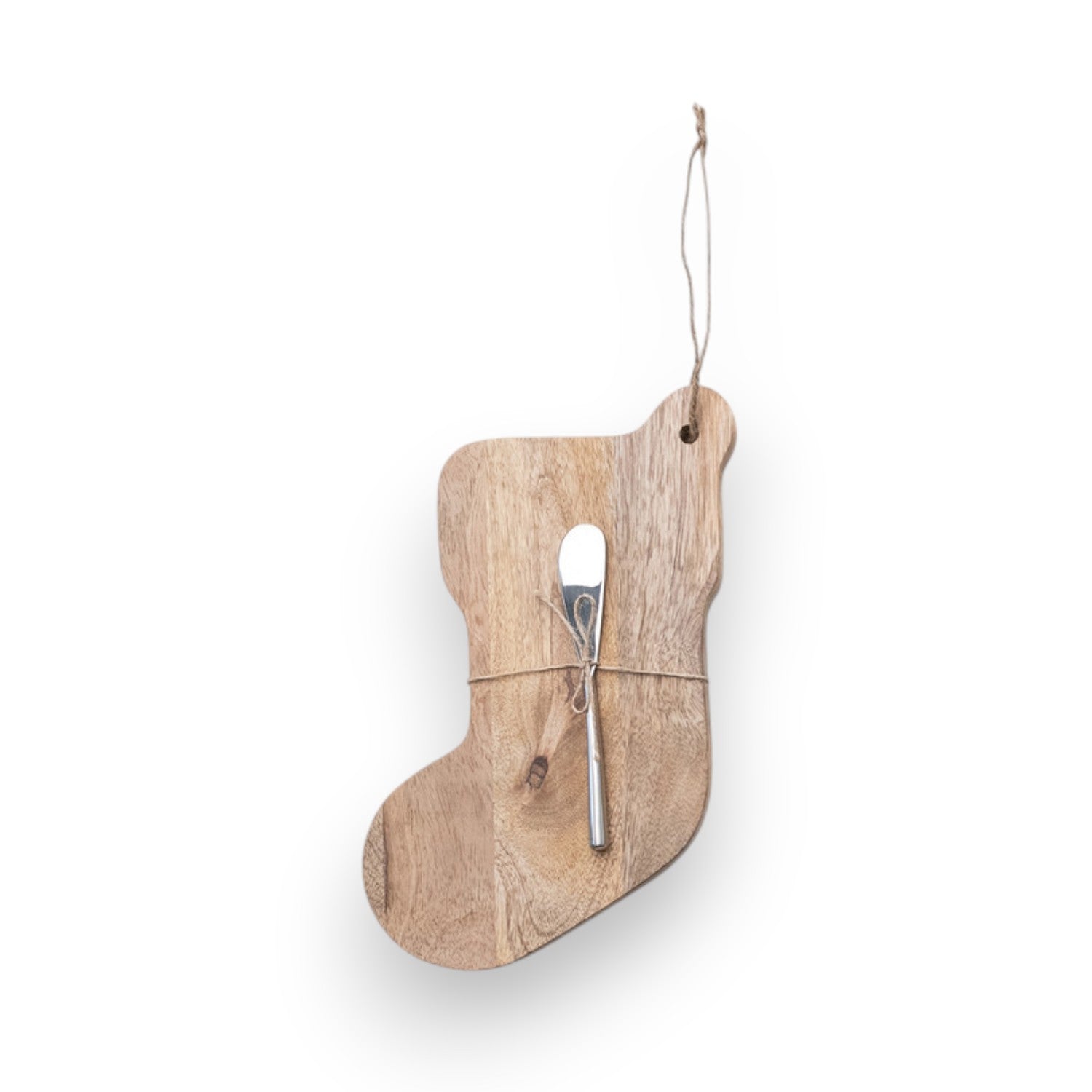 Mellow Monkey stocking-shaped mango wood serving board with a matching metal canape knife tied with rustic jute twine.