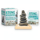 Mellow Monkey Stone Stacking desktop kit with nine hematite stones, beechwood tray, sand, and a mindfulness guide.