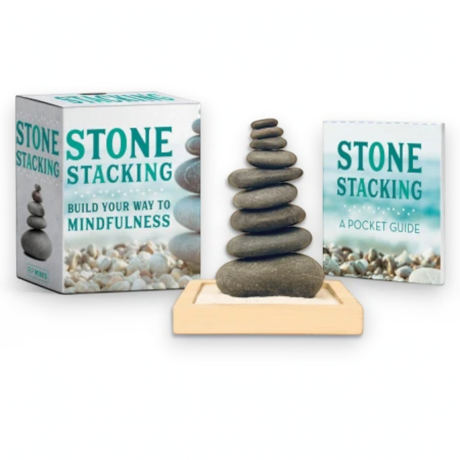 Mellow Monkey Stone Stacking desktop kit with nine hematite stones, beechwood tray, sand, and a mindfulness guide.