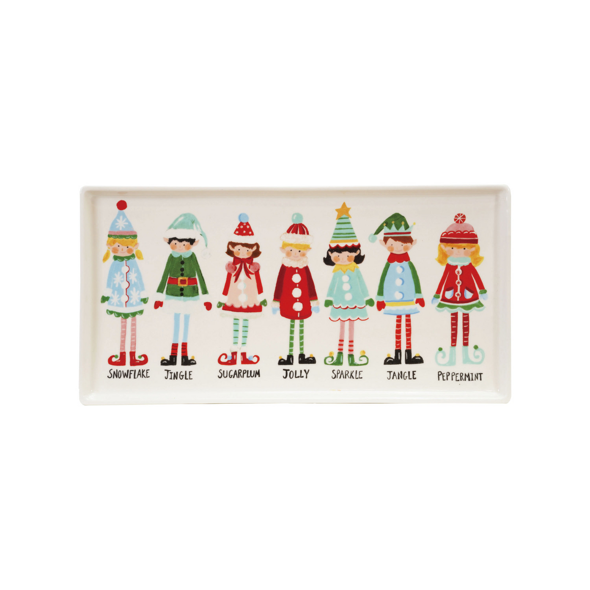 Mellow Monkey rectangular stoneware platter featuring a colorful illustration of seven festive Christmas elves.