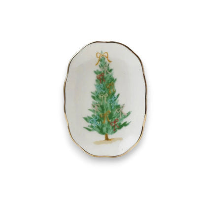 Mellow Monkey stoneware scalloped dish featuring a painted Christmas tree with gold electroplated edges.