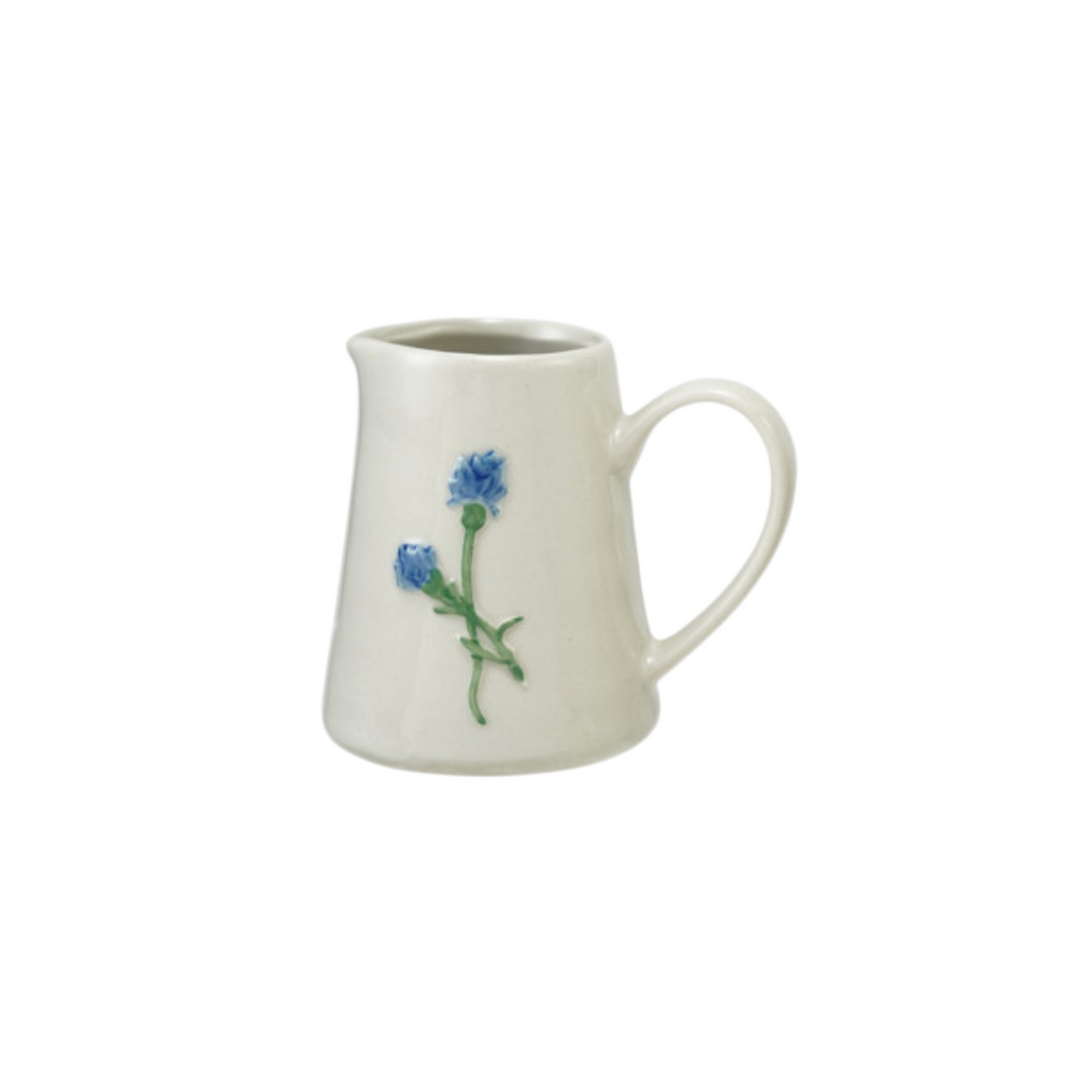 Mellow Monkey stoneware creamer with embossed blue botanical flower motif and reactive glaze finish