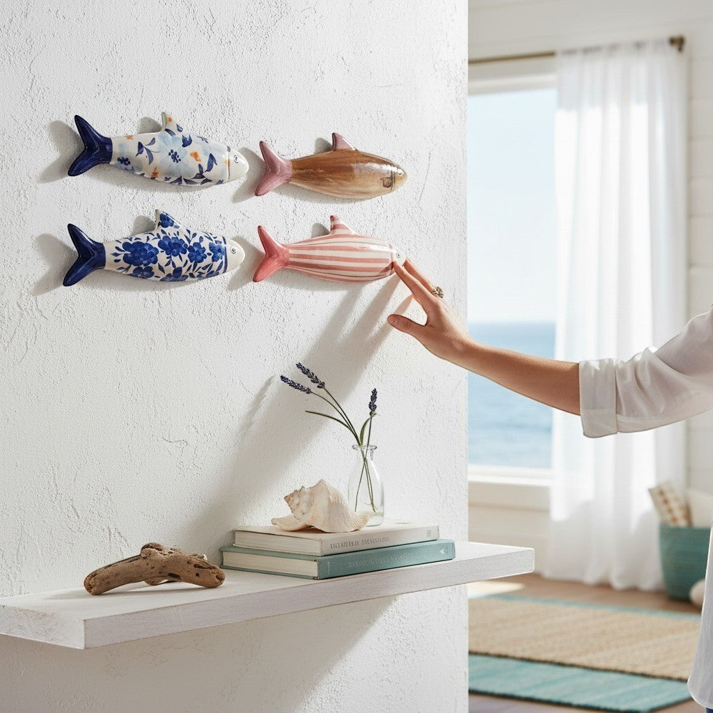 Mellow Monkey hand-painted stoneware fish wall decor in blue floral, white floral, pink stripe, and wood grain patterns.