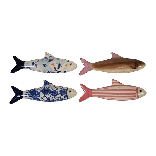 Mellow Monkey hand-painted stoneware fish wall decor with blue floral, blue and white floral, pink and white stripes, and brown and pink tail patterns.