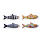 Mellow Monkey hand-painted stoneware fish wall decor set. Features four unique designs: blue stripes, floral, blue tile pattern, and colorful abstract.