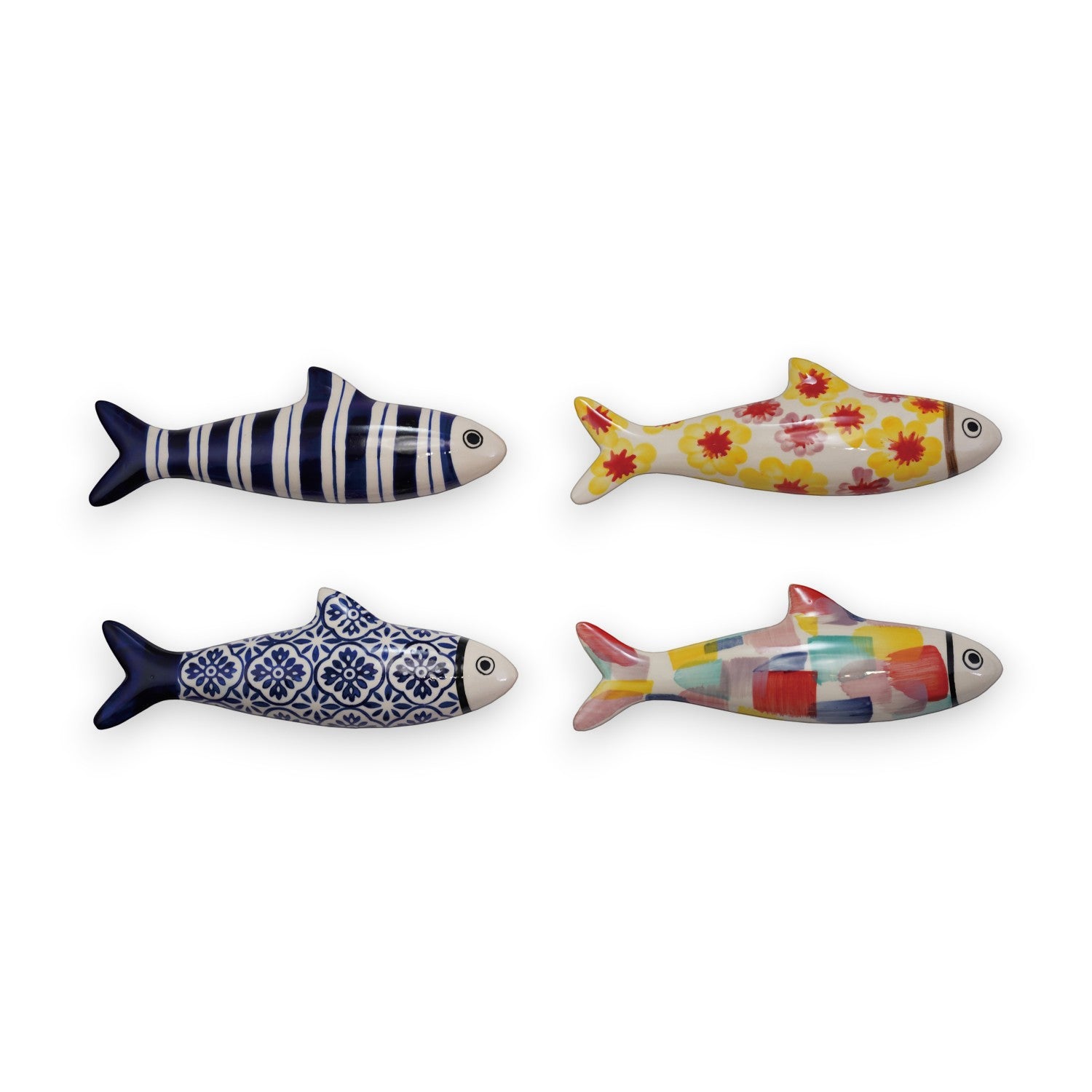 Mellow Monkey hand-painted stoneware fish wall decor set. Features four unique designs: blue stripes, floral, blue tile pattern, and colorful abstract.
