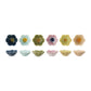 Mellow Monkey set of six colorful stoneware flower-shaped bowls with reactive glaze in various pastel and bold hues.