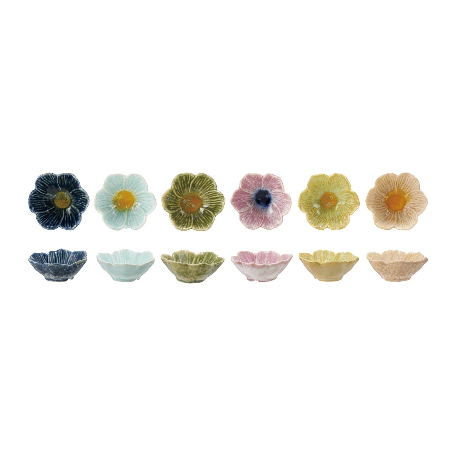 Mellow Monkey set of six colorful stoneware flower-shaped bowls with reactive glaze in various pastel and bold hues.