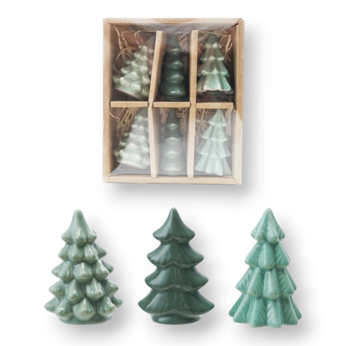 Mellow Monkey set of six small green stoneware Christmas tree figurines in three shades of green in a gift box.