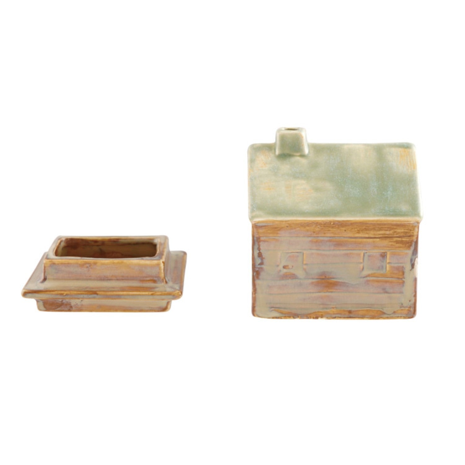 Mellow Monkey handcrafted stoneware house-shaped incense burner with a reactive green and ochre glaze and base.