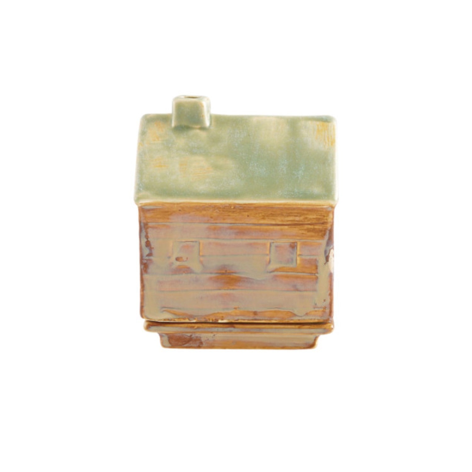 Mellow Monkey handcrafted stoneware house-shaped incense burner with a reactive green and ochre glaze and base.