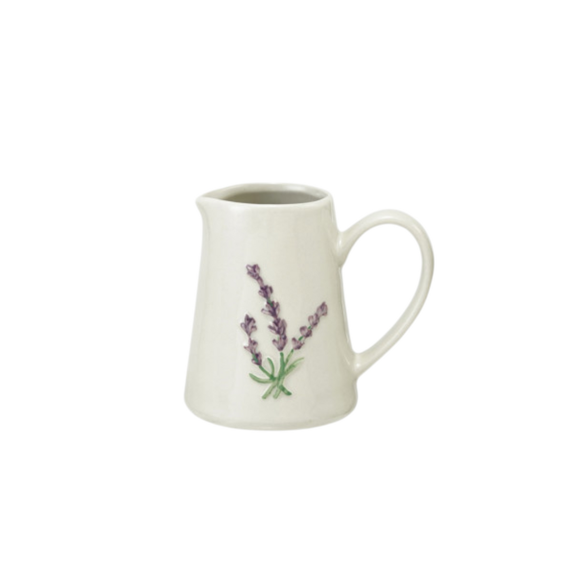 Mellow Monkey stoneware creamer featuring a hand-painted purple lavender botanical motif and reactive glaze finish.