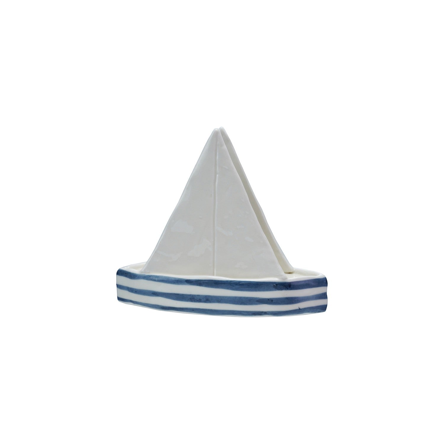 Mellow Monkey stoneware sailboat napkin holder with blue and white stripes for coastal or farmhouse table decor