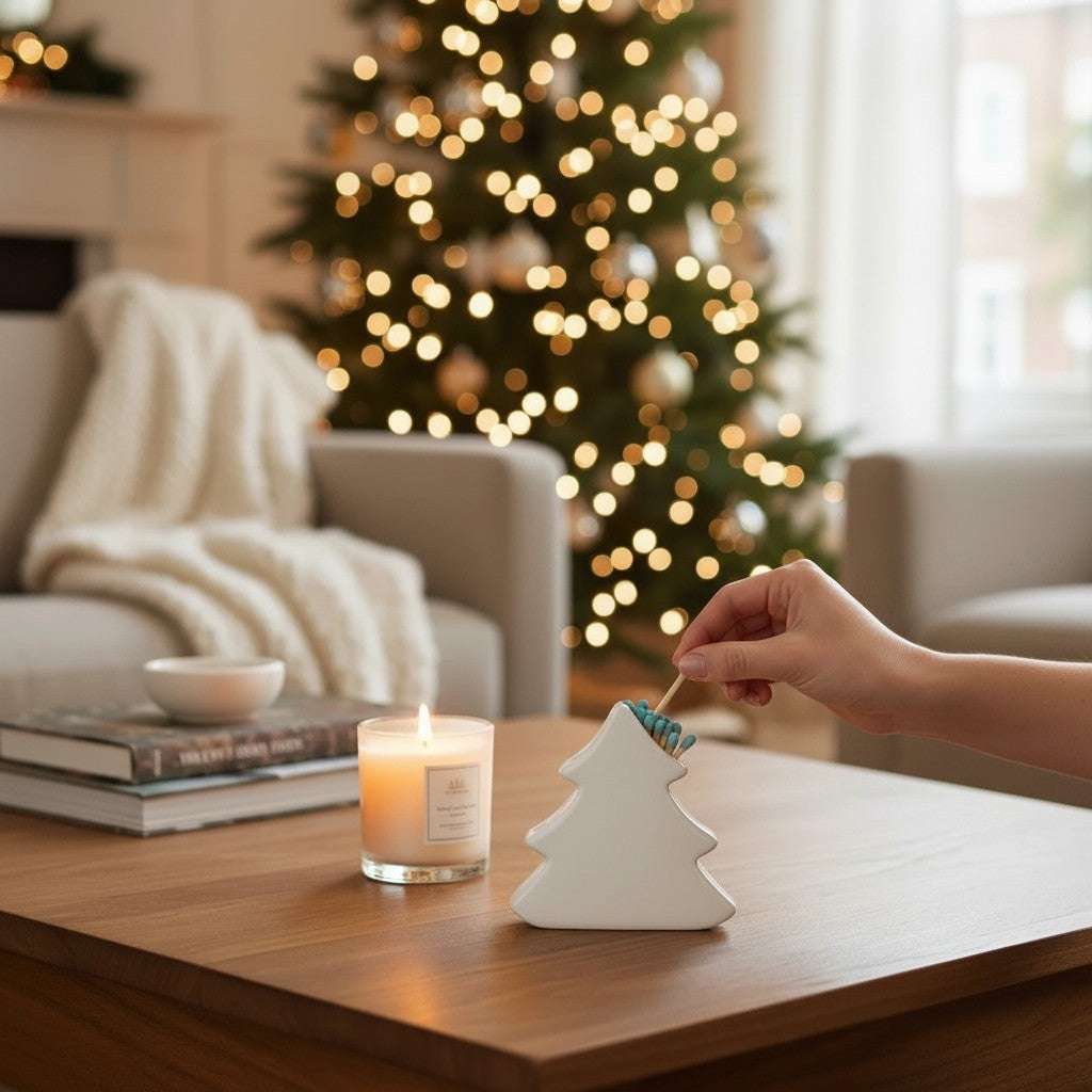 Mellow Monkey white stoneware tree-shaped match holder with a built-in striker on a wooden table near a lit candle
