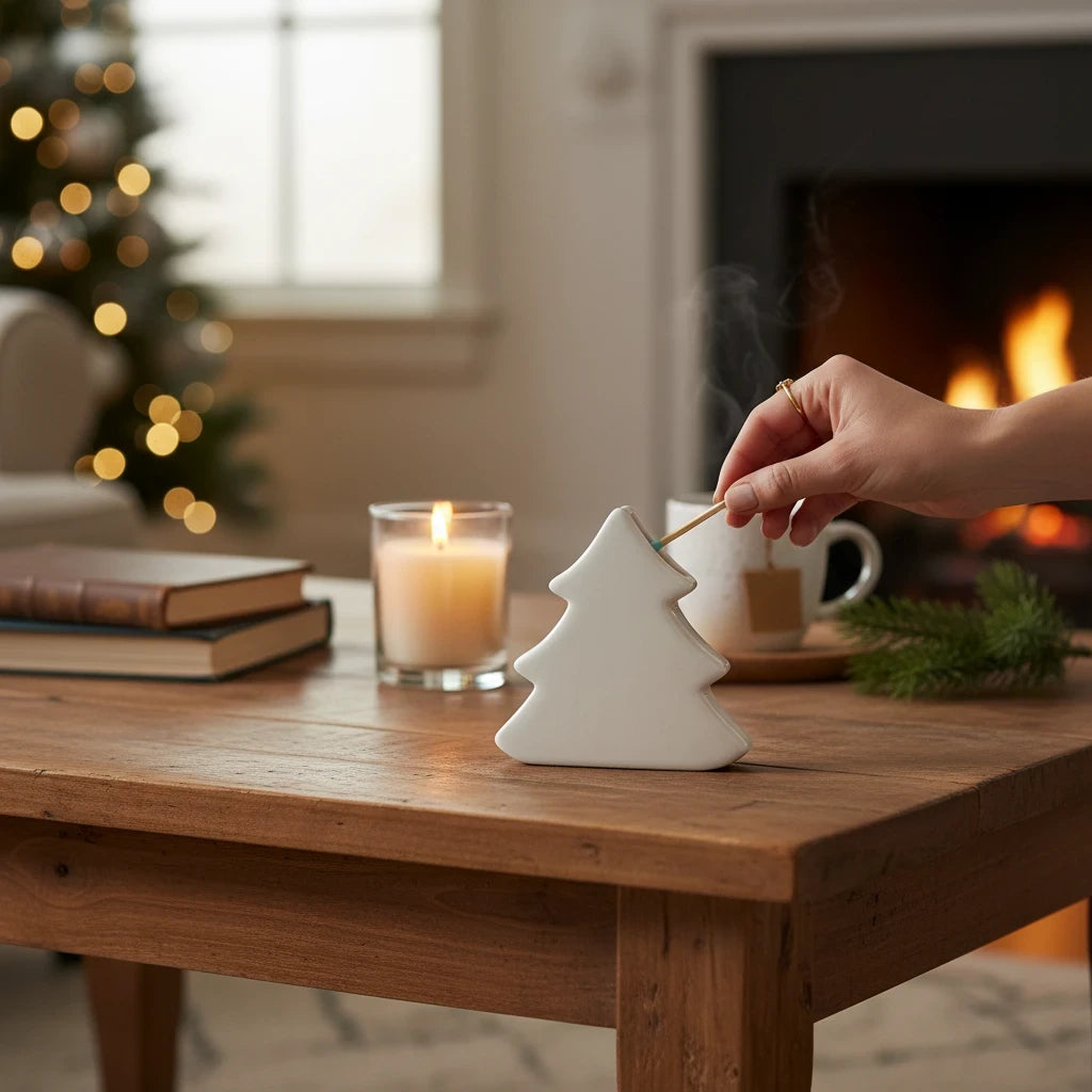 Mellow Monkey white stoneware tree-shaped match holder with a striker, sitting on a wooden table near a lit candle.