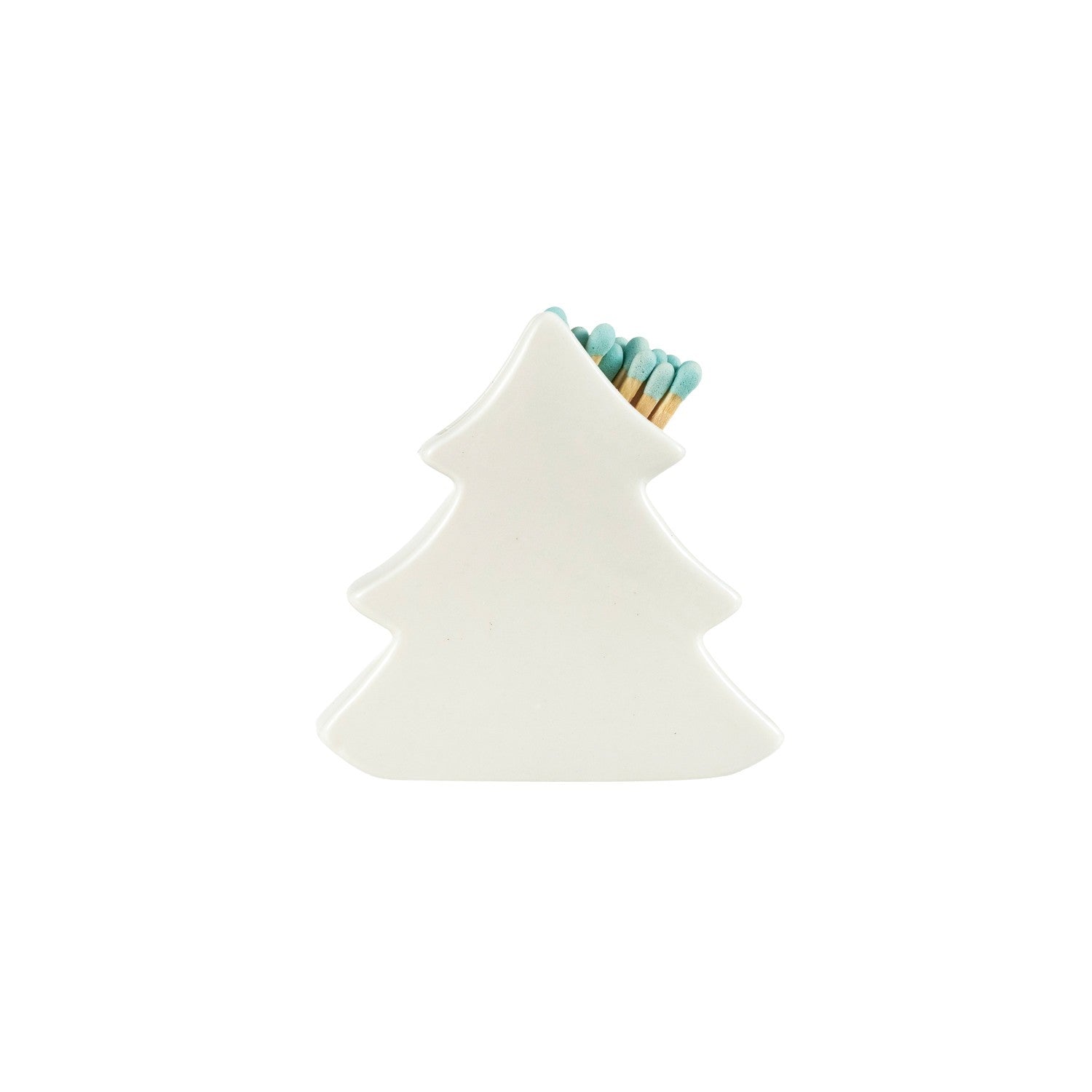 Mellow Monkey white stoneware tree-shaped match holder with a glossy finish and light blue tipped matches