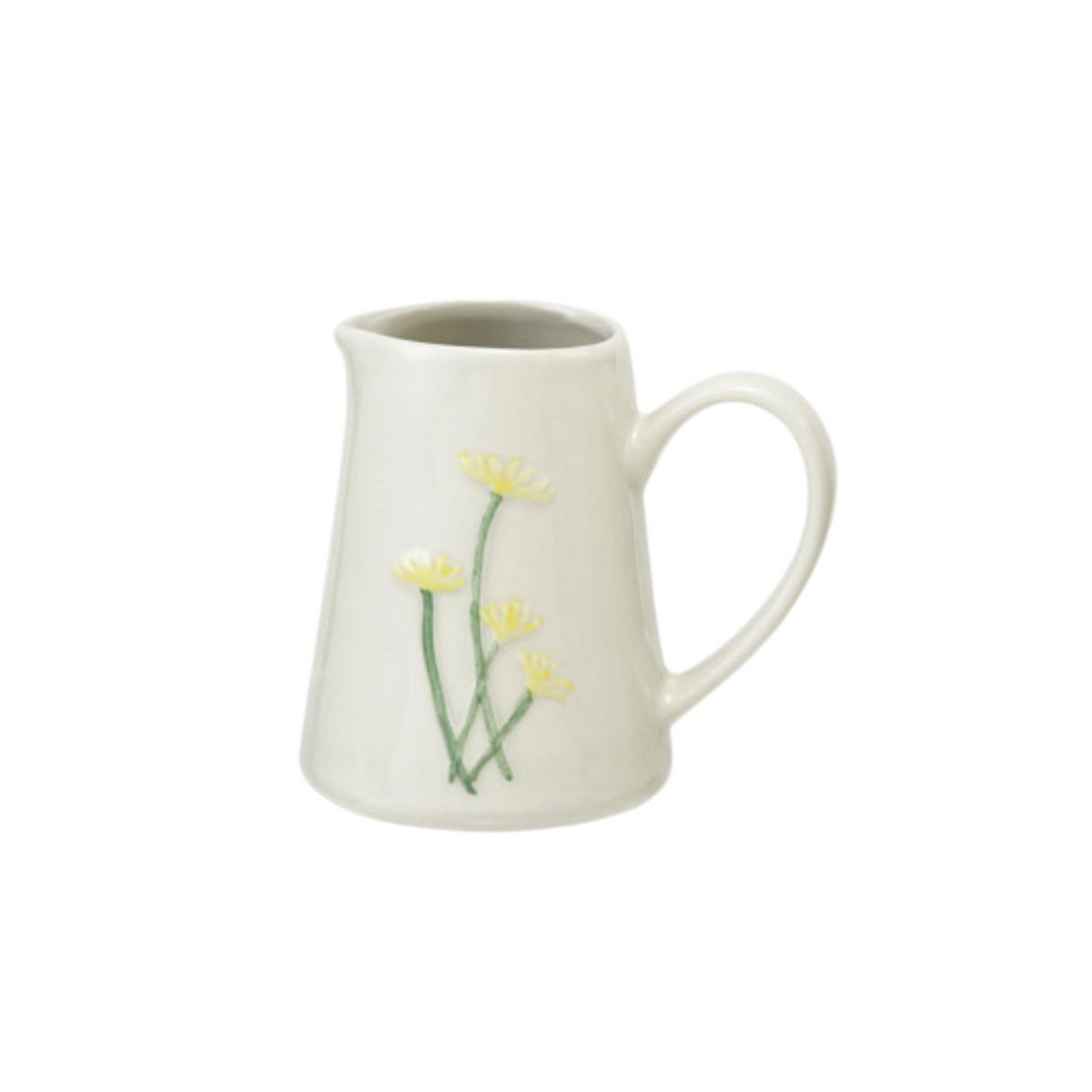 Mellow Monkey stoneware creamer featuring hand-painted yellow botanical flower motifs and a reactive glaze finish.