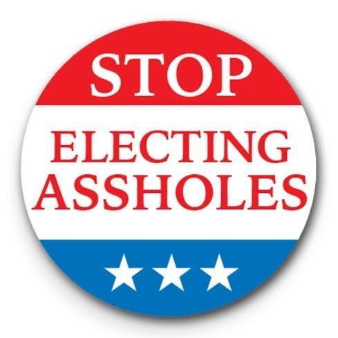 Mellow Monkey Stop Electing Assholes 1.25" pin-back button with red, white, and blue design and three stars.