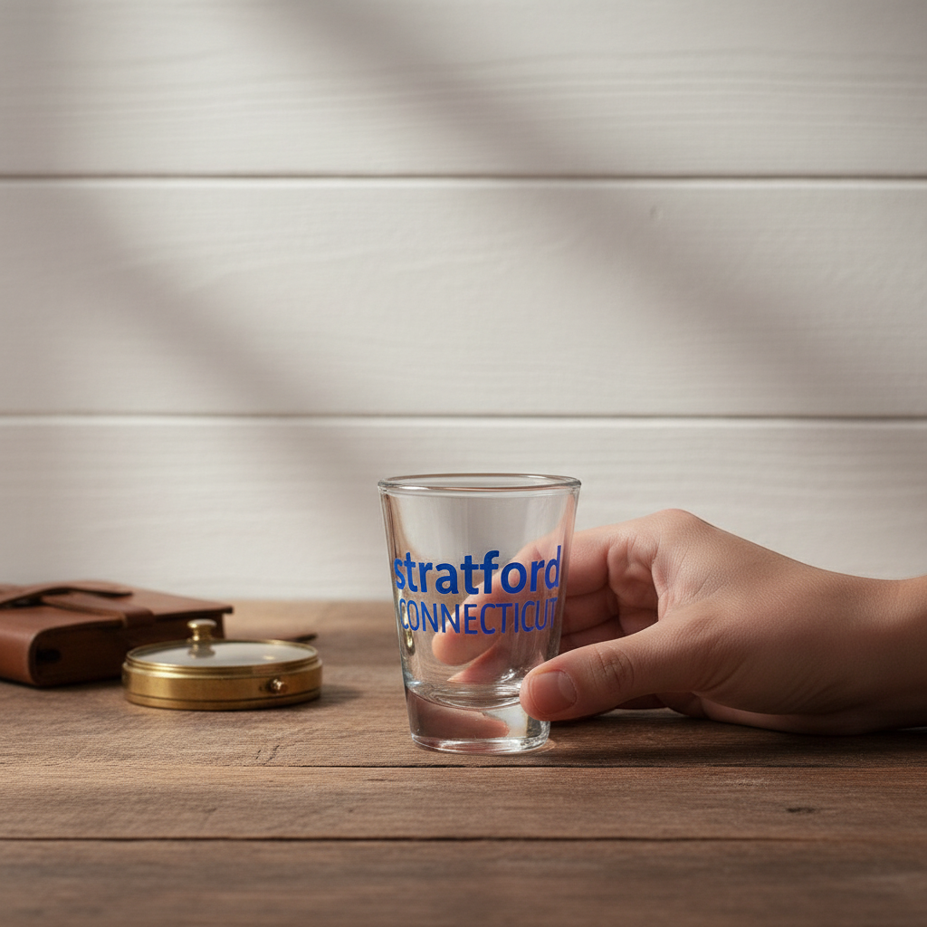 Mellow Monkey Stratford Connecticut souvenir shot glass held in hand on a rustic wooden table with a compass