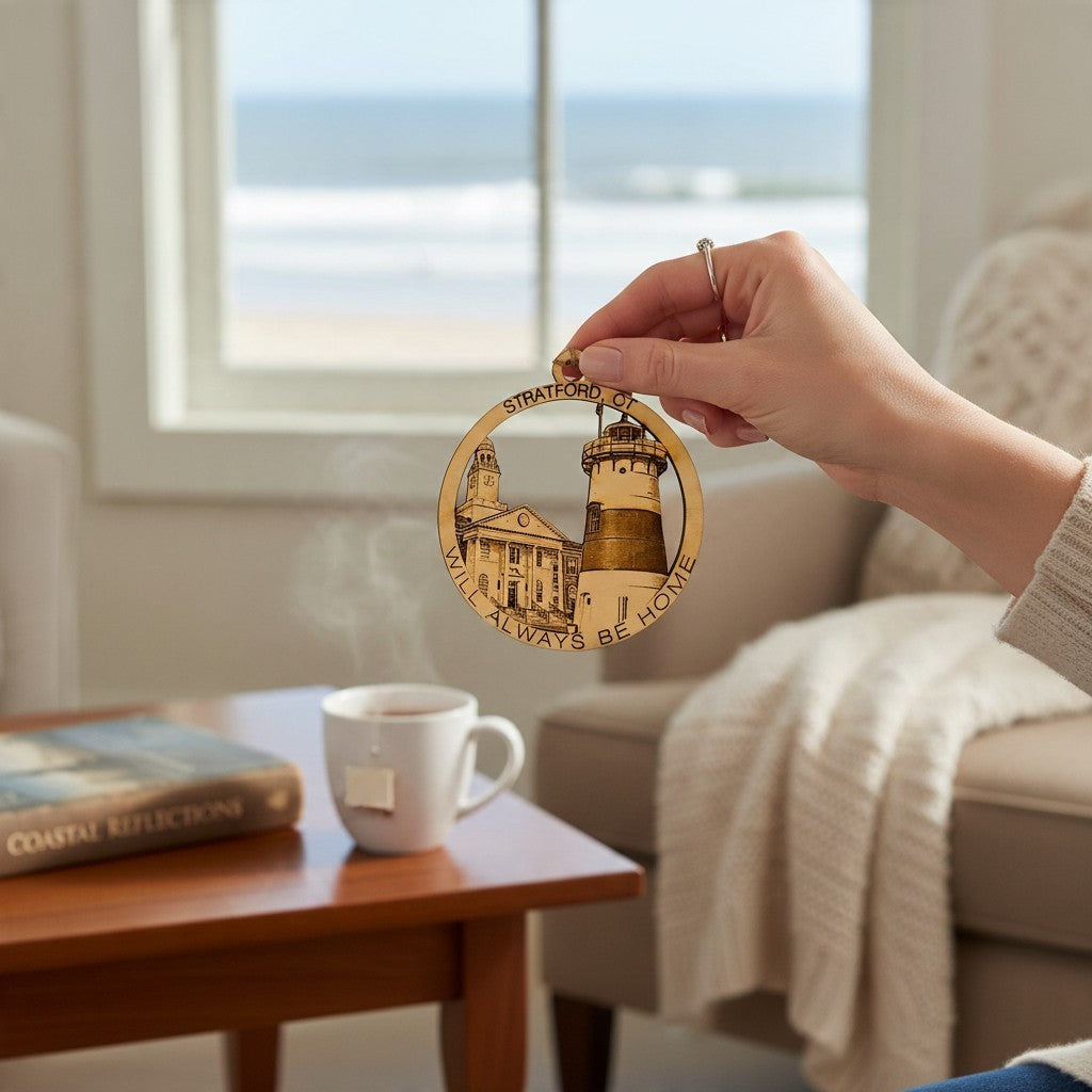 Mellow Monkey Stratford CT wood ornament featuring a lighthouse and town hall, held by a hand near a coastal window.