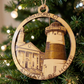Mellow Monkey 4-inch round wood ornament featuring laser-engraved Stratford, CT lighthouse and town hall landmarks.