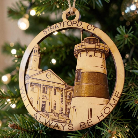 Mellow Monkey 4-inch round wood ornament featuring laser-engraved Stratford, CT lighthouse and town hall landmarks.