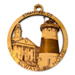 Mellow Monkey 4-inch round wood ornament featuring laser-cut Stratford, CT town hall and lighthouse landmarks.