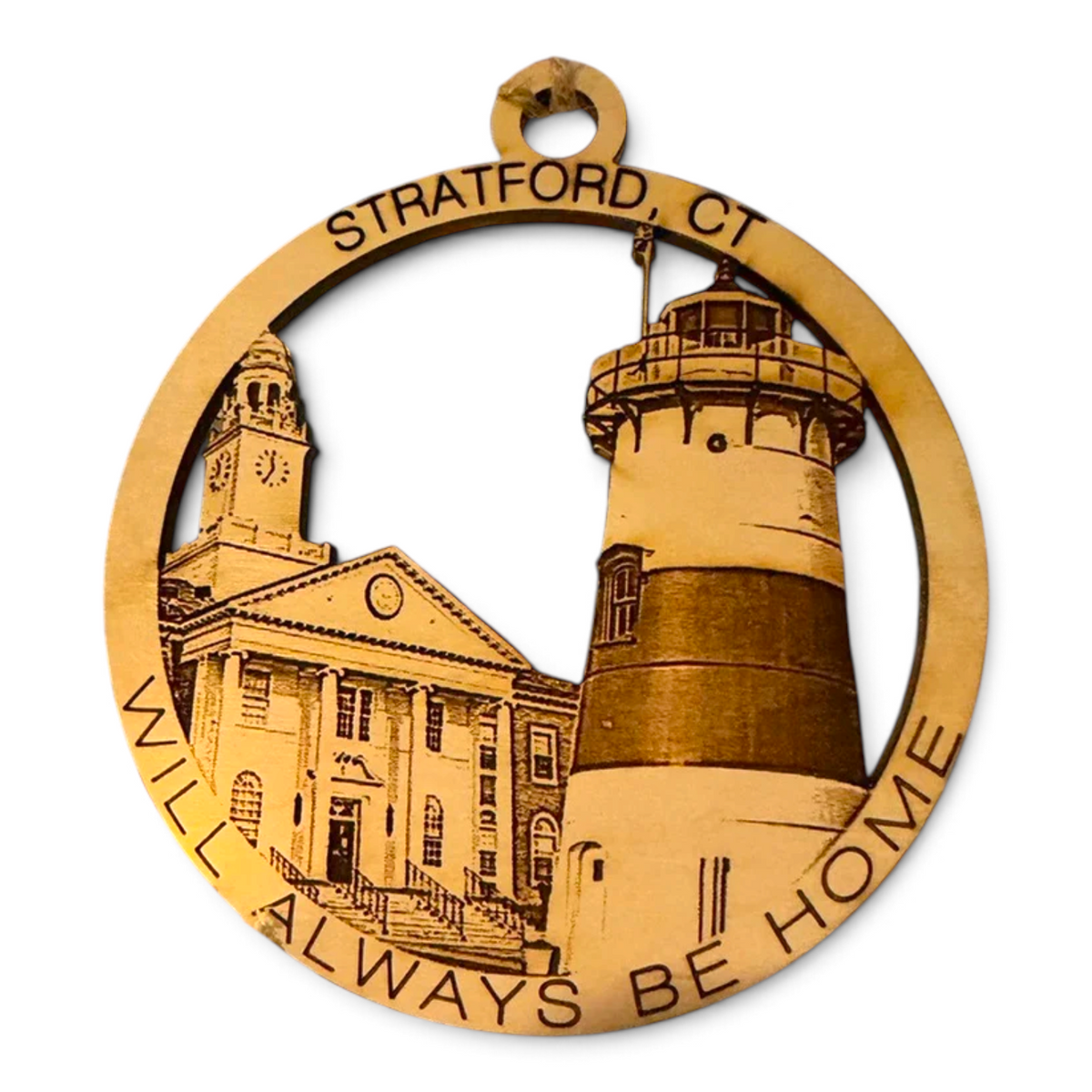 Mellow Monkey 4-inch round wood ornament featuring laser-cut Stratford, CT town hall and lighthouse landmarks.