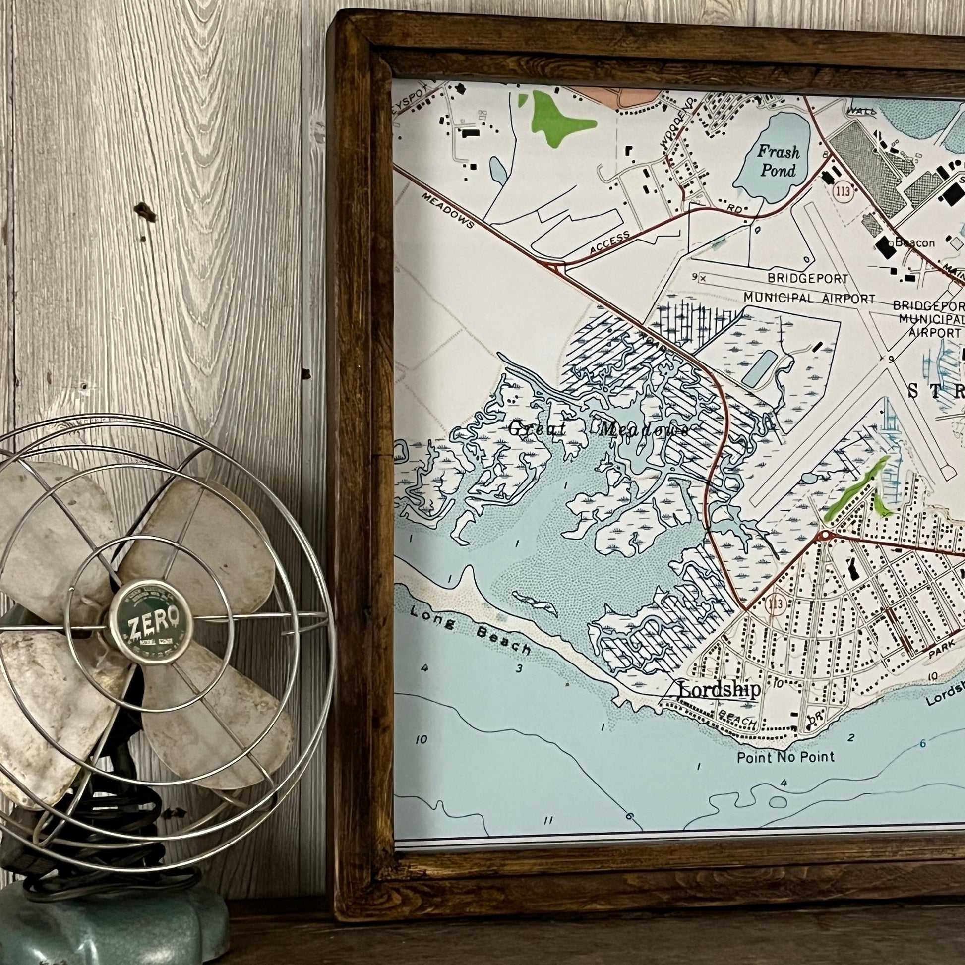 Mellow Monkey Lordship Stratford vintage nautical map in a rustic brown reclaimed wood shadowbox frame