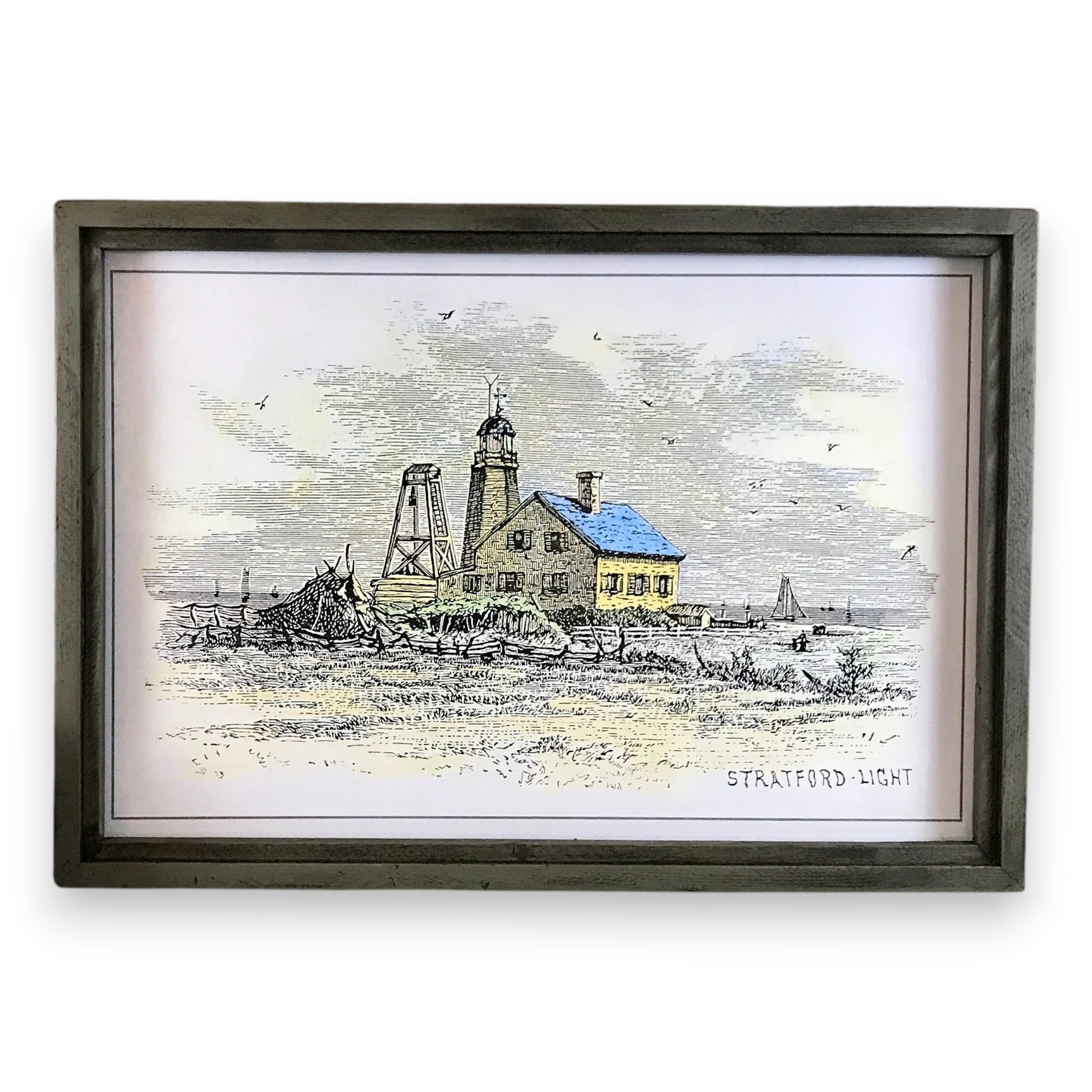 Mellow Monkey Stratford Point Light vintage lighthouse drawing reproduction in grey reclaimed wood frame.
